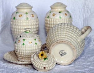 Vintage Hobnail Salt and Pepper Shakers and Sugar Server by Maruhon of Japan in Cream with Floral Daisy Accents. 7 Piece Set. Home Decor - Scotch Street Vintage