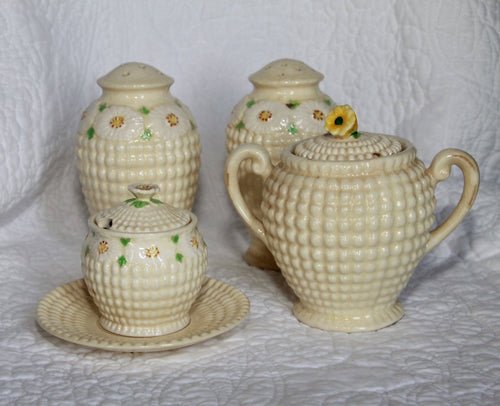 Vintage Hobnail Salt and Pepper Shakers and Sugar Server by Maruhon of Japan in Cream with Floral Daisy Accents. 7 Piece Set. Home Decor - Scotch Street Vintage