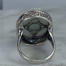 Load image into Gallery viewer, Vintage Jade Statement Ring in a Milgrain Sterling Silver Setting. Light Green Jade has Floral Etching. - Scotch Street Vintage