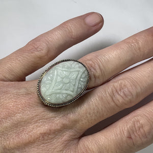 Vintage Jade Statement Ring in a Milgrain Sterling Silver Setting. Light Green Jade has Floral Etching. - Scotch Street Vintage