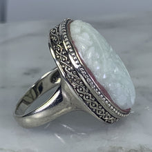 Load image into Gallery viewer, Vintage Jade Statement Ring in a Milgrain Sterling Silver Setting. Light Green Jade has Floral Etching. - Scotch Street Vintage