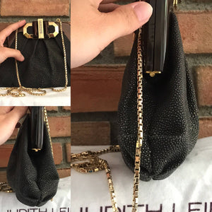 Vintage Judith Leiber Black Leather Evening Bag / Clutch. Gold Trim. Original Dust Bag and Box. - Scotch Street Vintage