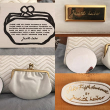 Load image into Gallery viewer, Vintage Judith Leiber Cream Leather Clutch. Chevron Quilt Design. Gold Trim. Coin Purse. Dust Bag. - Scotch Street Vintage