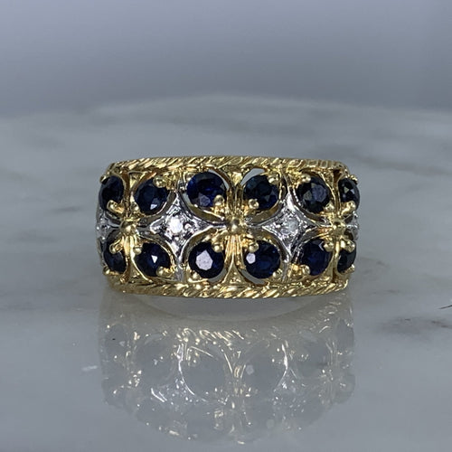 Vintage London Blue Topaz and Diamond Band Ring in Yellow Gold. Unique Engagement Ring. - Scotch Street Vintage