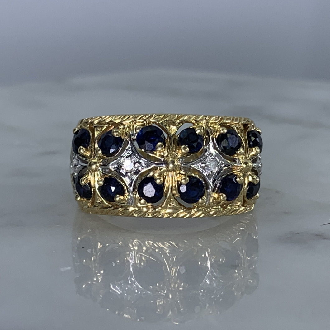 Vintage London Blue Topaz and Diamond Band Ring in Yellow Gold. Unique Engagement Ring. - Scotch Street Vintage