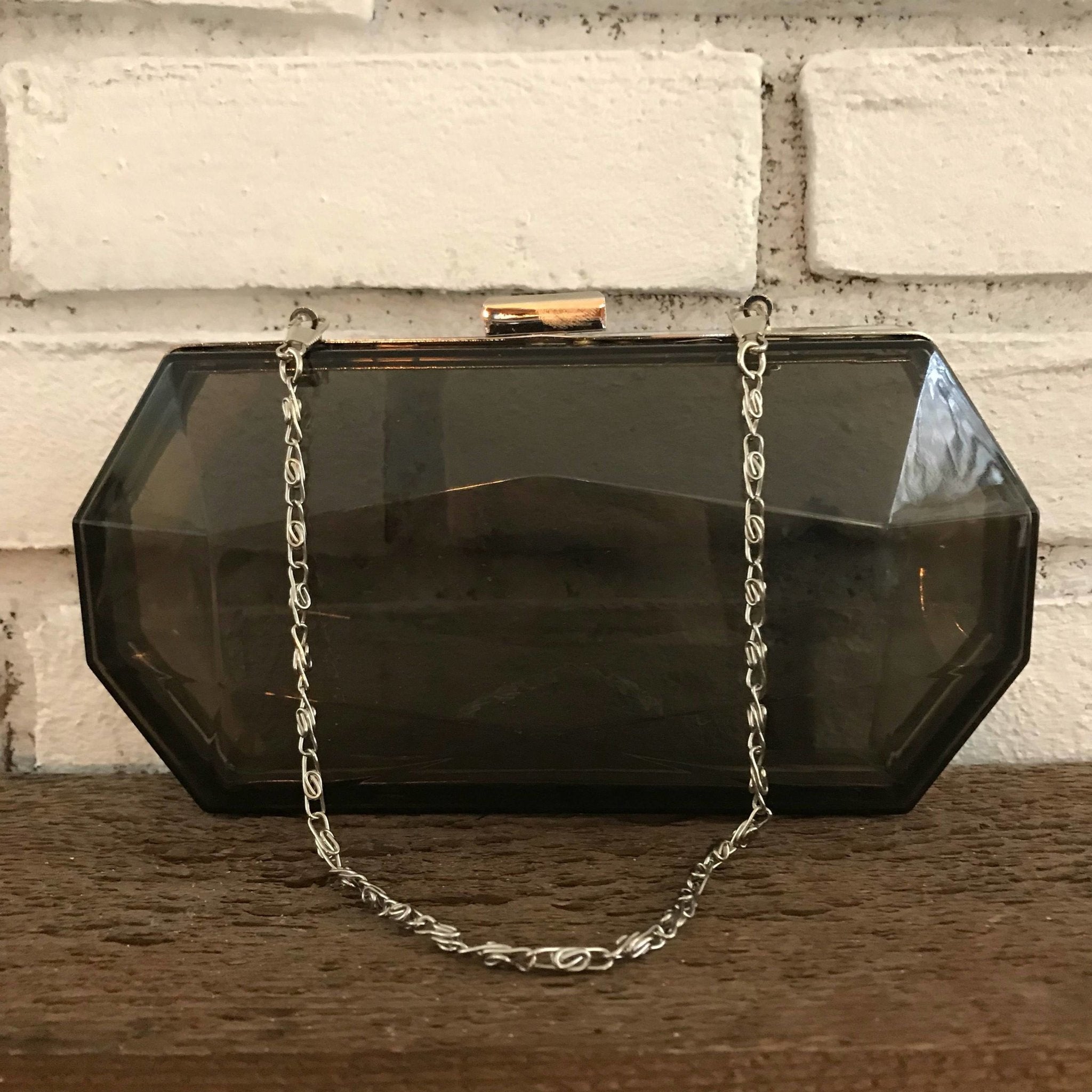 Vintage Lucite Translucent Gray Clutch. Geometric Shaped Evening Bag