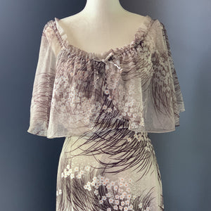 Vintage Maxi Dress with Floral Design and Chiffon Capelet. Perfect Summer to Fall Dress. - Scotch Street Vintage
