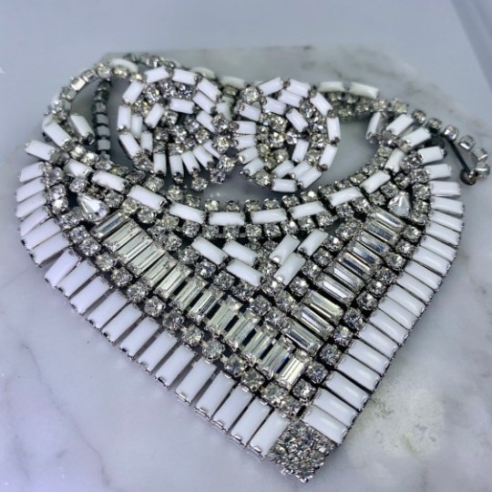 Vintage Milk Glass and Rhinestone Necklace and Earring Set by Hattie C