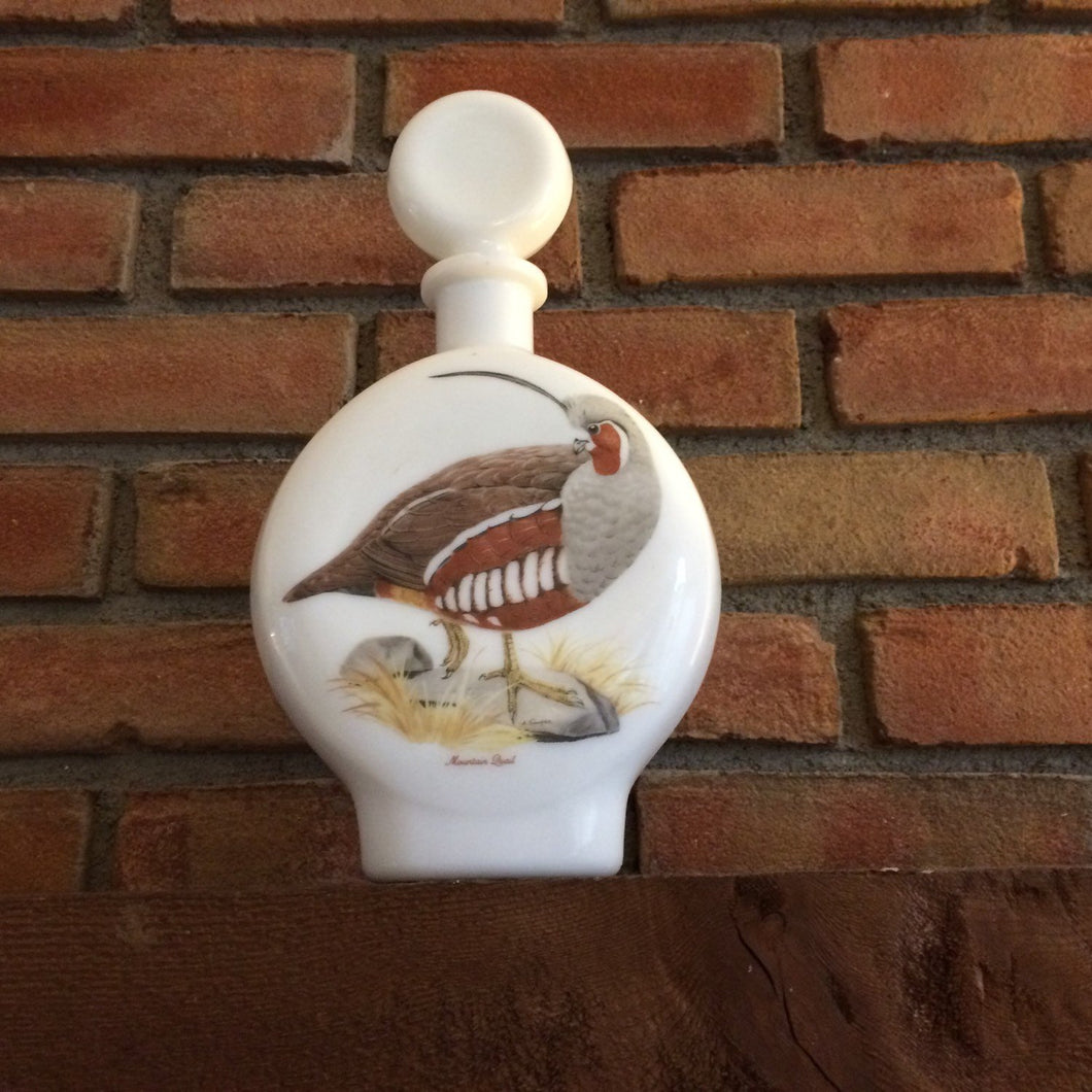 Vintage Milk Glass Decanter. Hand Painted Mountain Quail signed by A Singer. Liquor Bottle. Collectible Decanter. Barware. Bar Decor. - Scotch Street Vintage