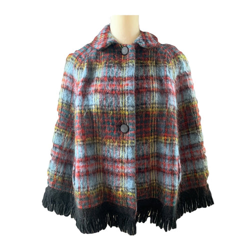 Vintage Mohair Wool Poncho or Jacket in Blue and Red Plaid from Strathtay Originals of Scotland. - Scotch Street Vintage