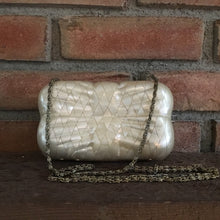 Load image into Gallery viewer, Vintage Mother of Pearl Clutch by Aspects. Mother of Pearl Tiled Bag. Bow Shaped Purse. - Scotch Street Vintage