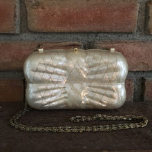 Load image into Gallery viewer, Vintage Mother of Pearl Clutch by Aspects. Mother of Pearl Tiled Bag. Bow Shaped Purse. - Scotch Street Vintage