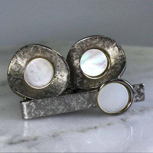 Vintage Mother of Pearl Cufflinks and Vintage Tie Bar/ Money Clip. Grooms Gift. Cuff Links. - Scotch Street Vintage