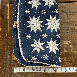 Vintage Navy Blue Clutch with White Beading in a Floral Pattern by Saks Fifth Avenue. - Scotch Street Vintage