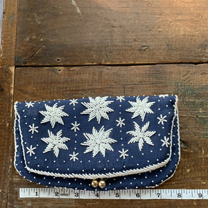 Vintage Navy Blue Clutch with White Beading in a Floral Pattern by Saks Fifth Avenue. - Scotch Street Vintage