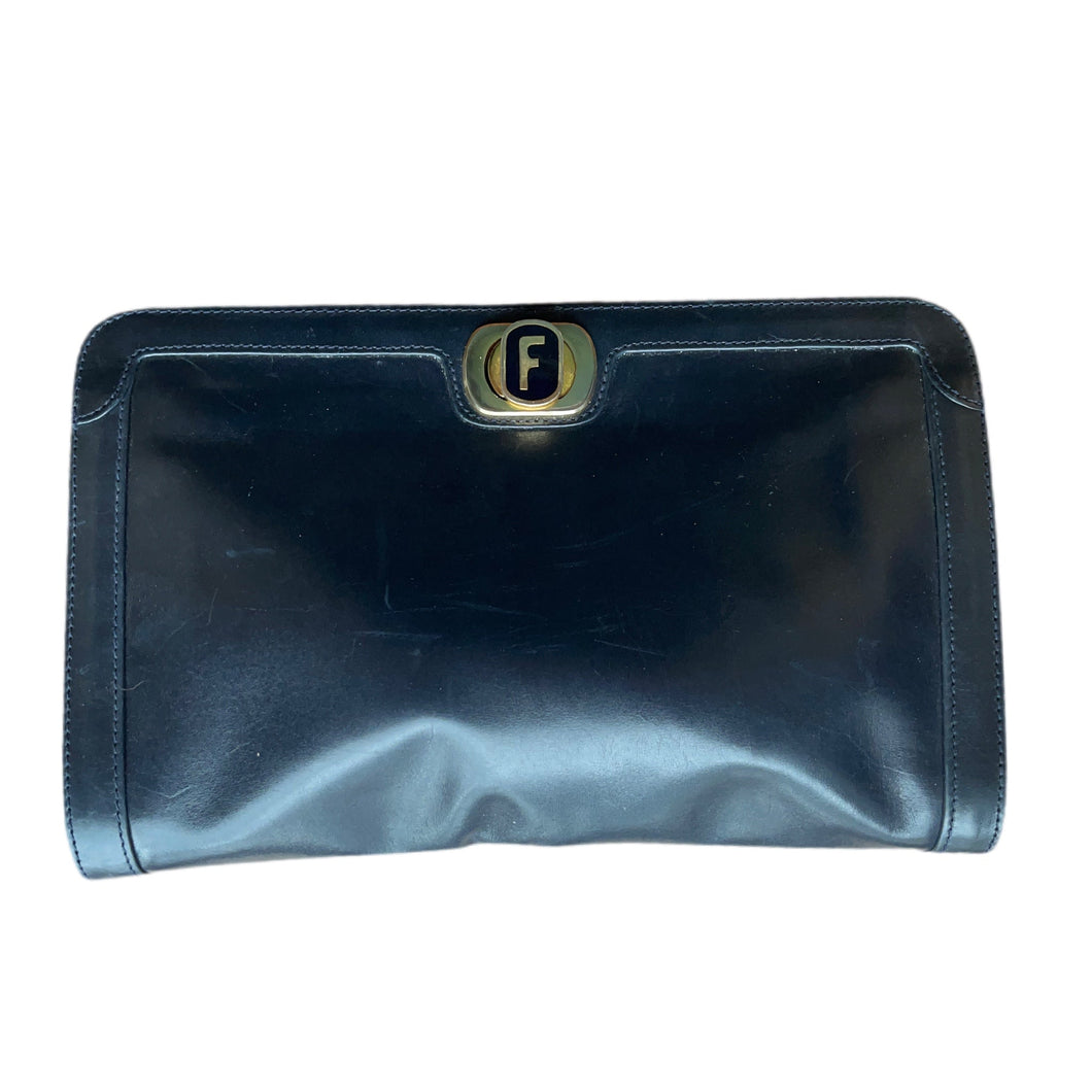 Vintage Navy Blue Leather Clutch by Salvatore Ferragamo. Gold Tone Hardware. 1980s Designer Bag. - Scotch Street Vintage