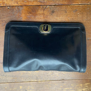 Vintage Navy Blue Leather Clutch by Salvatore Ferragamo. Gold Tone Hardware. 1980s Designer Bag. - Scotch Street Vintage
