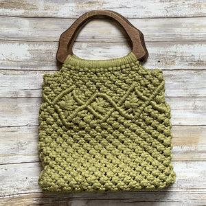 Vintage Olive Green Macrame Bag with Wooden Handles. Perfect Summer Purse. - Scotch Street Vintage