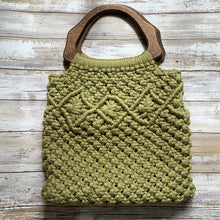 Load image into Gallery viewer, Vintage Olive Green Macrame Bag with Wooden Handles. Perfect Summer Purse. - Scotch Street Vintage