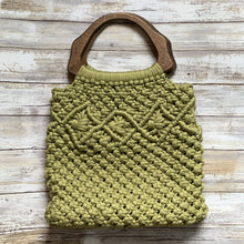 Load image into Gallery viewer, Vintage Olive Green Macrame Bag with Wooden Handles. Perfect Summer Purse. - Scotch Street Vintage