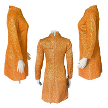 Load image into Gallery viewer, Vintage Orange Metallic Mini Dress. Perfect Party GoGo Dress with Gold Embroidery and Kimono Styling. - Scotch Street Vintage