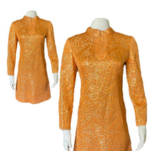 Load image into Gallery viewer, Vintage Orange Metallic Mini Dress. Perfect Party GoGo Dress with Gold Embroidery and Kimono Styling. - Scotch Street Vintage