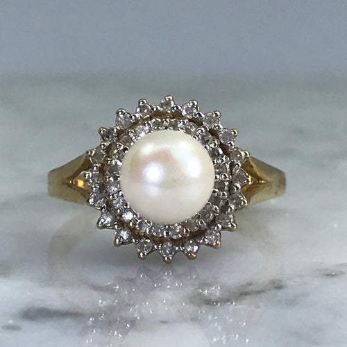 Vintage Pearl Engagement Ring. Diamond Halo. 10K Yellow Gold. June Birthstone. 4th Anniversary Gift. - Scotch Street Vintage