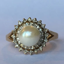 Load image into Gallery viewer, Vintage Pearl Engagement Ring. Diamond Halo. 10K Yellow Gold. June Birthstone. 4th Anniversary Gift. - Scotch Street Vintage