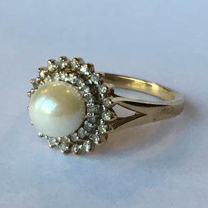 Vintage Pearl Engagement Ring. Diamond Halo. 10K Yellow Gold. June Birthstone. 4th Anniversary Gift. - Scotch Street Vintage