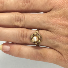 Load image into Gallery viewer, Vintage Pearl Flower Ring. 9k Yellow Gold. Full European Hallmark. June Birthstone. Circa 1978. - Scotch Street Vintage