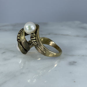Vintage Pearl Garnet Statement Ring. 10K Brushed Yellow Gold. June Birthstone. 4th Anniversary Gift. - Scotch Street Vintage