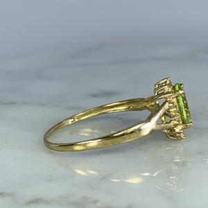 Vintage Peridot Ring. Diamond Accents. 10K Yellow Gold. August Birthstone. 16th Anniversary Gift. - Scotch Street Vintage
