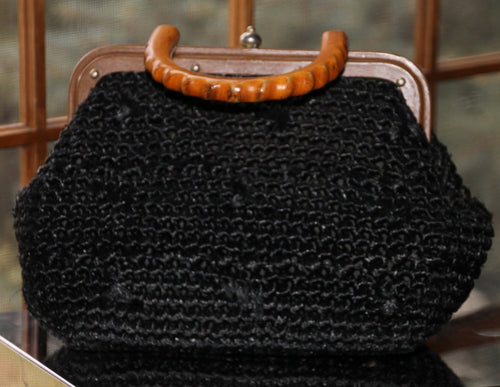 Vintage Purse / Bag / Handbag Italian Black Straw Woven Box Purse with Wooden Handle - Scotch Street Vintage