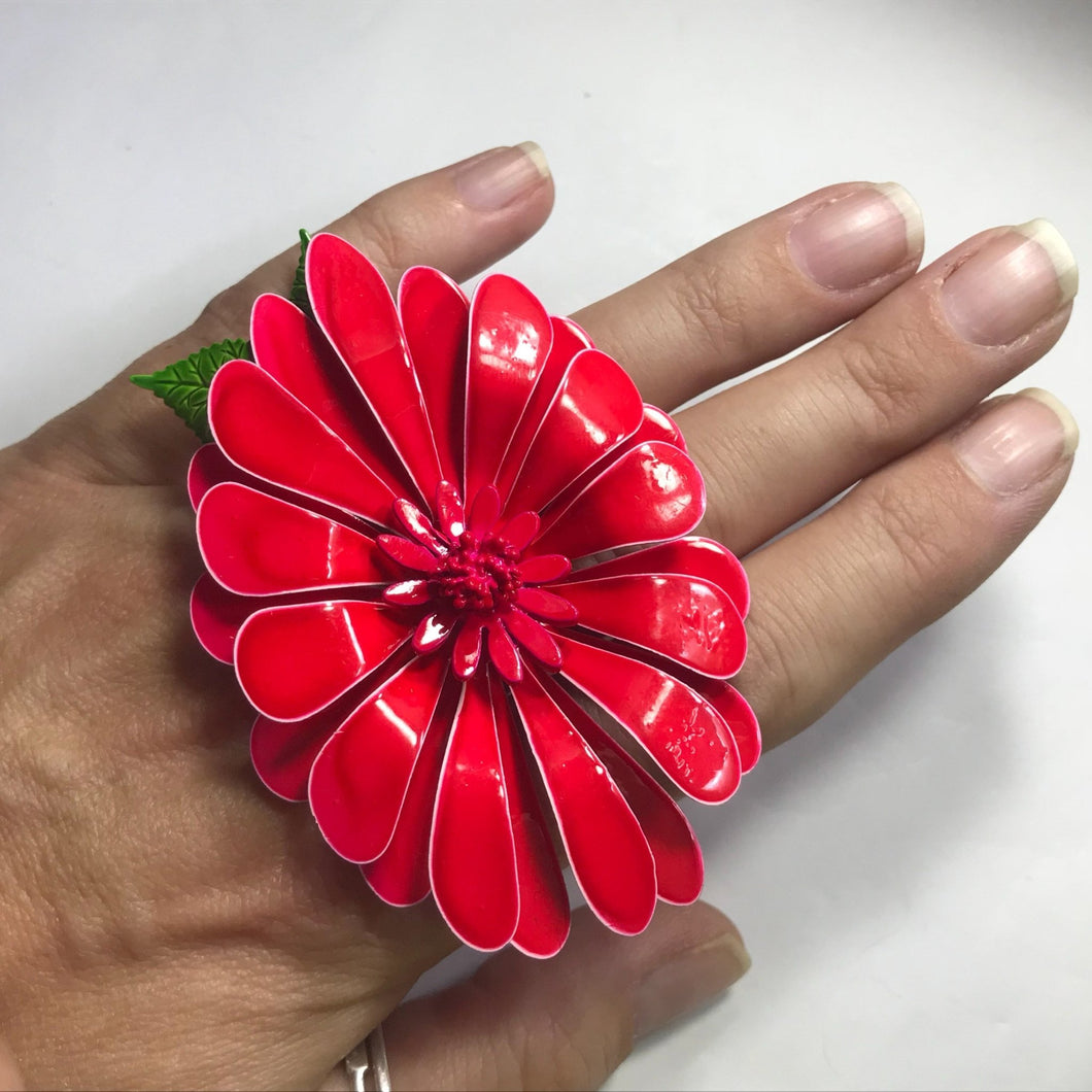 Vintage Red Enamel Flower Statement Ring. Upcycled Brooch Ring. Recycled Jewelry. - Scotch Street Vintage