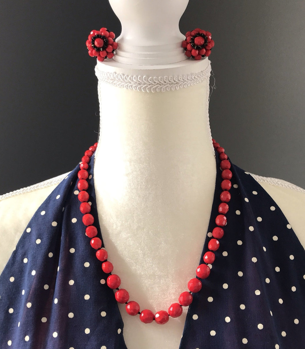 Vintage Red Glass Beaded Necklace and Earring Set by Hattie Carnegie. - Scotch Street Vintage