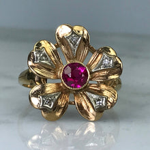 Load image into Gallery viewer, Vintage Ruby Diamond Flower Ring. 10K Solid Gold. July Birthstone. 15th Anniversary. Estate Jewelry - Scotch Street Vintage
