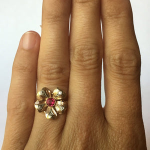 Vintage Ruby Diamond Flower Ring. 10K Solid Gold. July Birthstone. 15th Anniversary. Estate Jewelry - Scotch Street Vintage