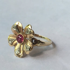 Vintage Ruby Diamond Flower Ring. 10K Solid Gold. July Birthstone. 15th Anniversary. Estate Jewelry - Scotch Street Vintage