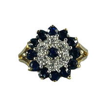 Load image into Gallery viewer, Vintage Sapphire and Diamond Halo Ring in Solid Yellow Gold. Unique Sustainable Estate Jewelry. - Scotch Street Vintage