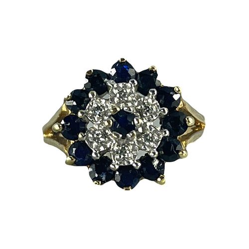 Vintage Sapphire and Diamond Halo Ring in Solid Yellow Gold. Unique Sustainable Estate Jewelry. - Scotch Street Vintage