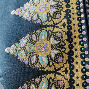 Vintage Shaheen Kimono Style Dress in Black with Gold Green and Purple Paisley Accents. - Scotch Street Vintage