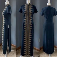 Vintage Shaheen Kimono Style Dress in Black with Gold Green and Purple Paisley Accents. - Scotch Street Vintage