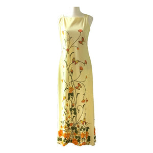 Vintage Shaheen Yellow Floral Maxi Dress with a Large Butterfly Flower Print. Perfect Summer Dress! - Scotch Street Vintage