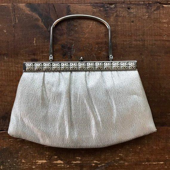 Vintage Silver Lame Clutch. Intricate Silver Tone Floral Hardware and Handle. Vintage Fashion. - Scotch Street Vintage