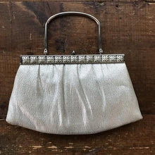 Load image into Gallery viewer, Vintage Silver Lame Clutch. Intricate Silver Tone Floral Hardware and Handle. Vintage Fashion. - Scotch Street Vintage