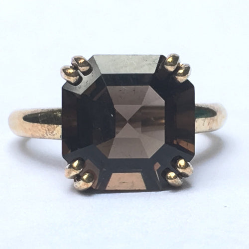 Vintage Smoky Quartz Engagement Ring in 9K Yellow Gold. Cocktail Ring. 70th Anniversary. - Scotch Street Vintage