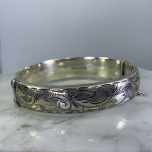 Vintage Sterling Silver Bangle Bracelet with Scroll Etching from England. Bohemian Estate Jewelry. - Scotch Street Vintage