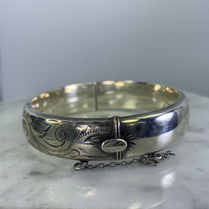 Vintage Sterling Silver Bangle Bracelet with Scroll Etching from England. Bohemian Estate Jewelry. - Scotch Street Vintage