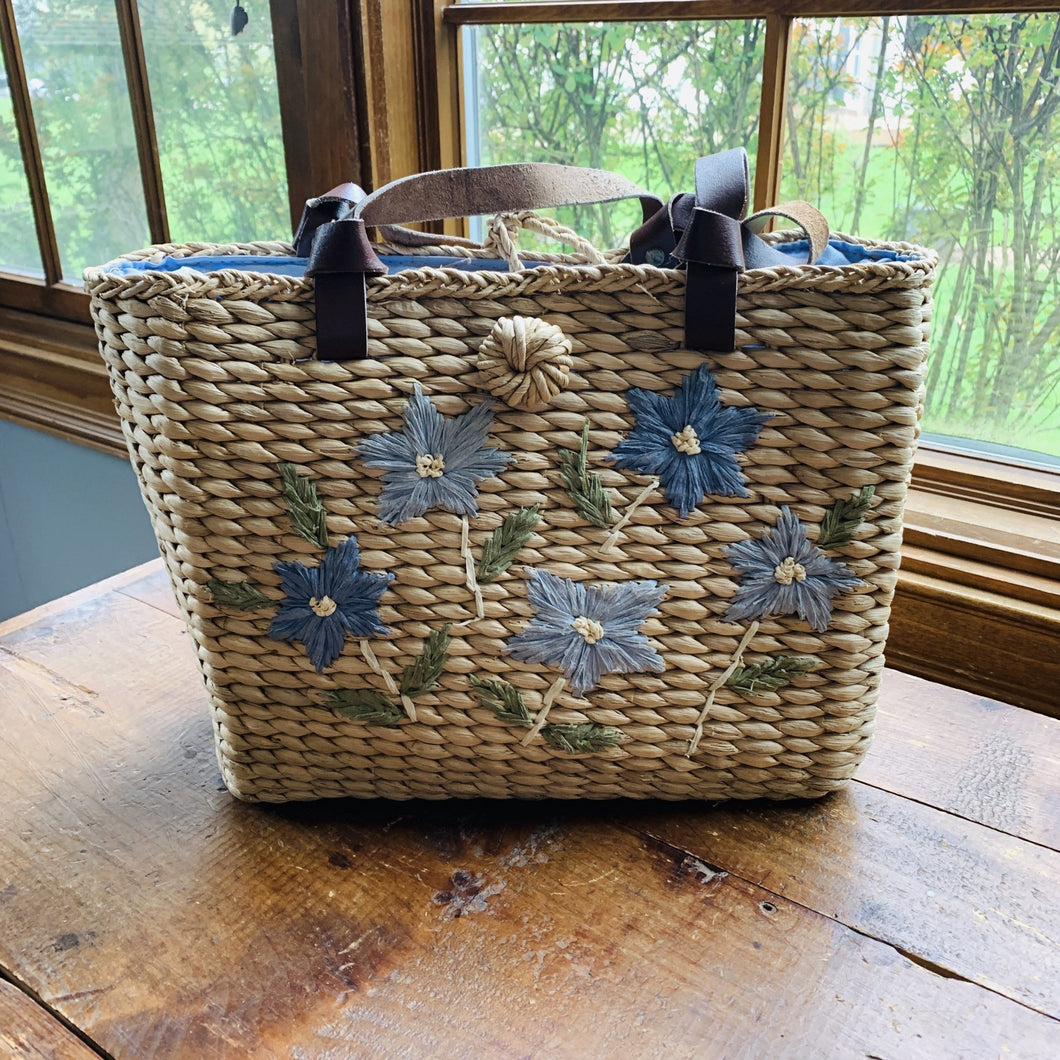Vintage Straw Purse with Blue Floral Pattern. Perfect Summer Bag. - Scotch Street Vintage