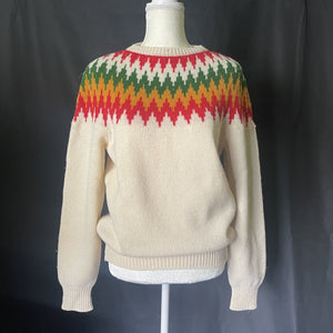 Vintage Tan Fair Isle Sweater with Rainbow Chevron Design by United Colors of Benetton Circa 1980s. - Scotch Street Vintage